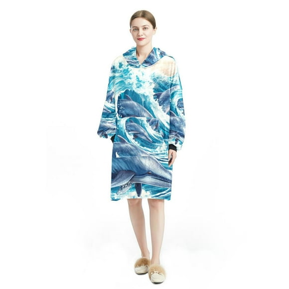 Dolphin Ultra Soft Microfiber Polyester Wearable Blanket - Cozy Loungewear for Men and Women, Warm Sherpa Fleece Throw, Comfortable Oversized Hooded Robe with Pockets, Ideal Gift for Winter Season