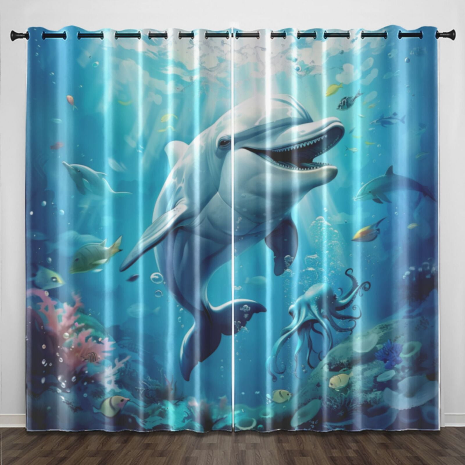 Dolphin Under The Sea Ocean Animals (15) Curtains 2 Panels Set Blackout