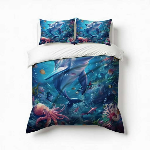 Dolphin Under The Sea Ocean Animals Bedding Set 3 Pcs Soft Microfiber Quilt Cover For Bedroom Decor, Comforter Cover With 2 Pillowcase