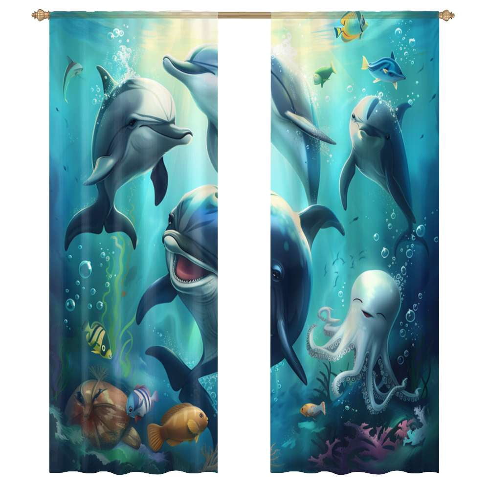 3D Sea Playful Dolphins 152 Curtains Drapes main image 0