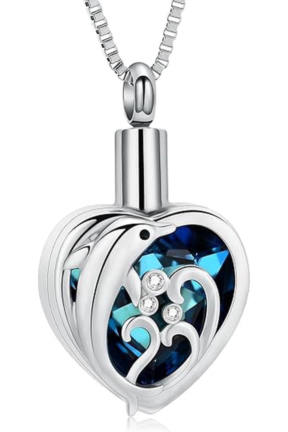 Dolphin Urn Necklace for Ashes Crystal Heart Cremation Jewelry for Human / Pet Heart Ashes Pendant Women Men Ashes Memorial Jewelry