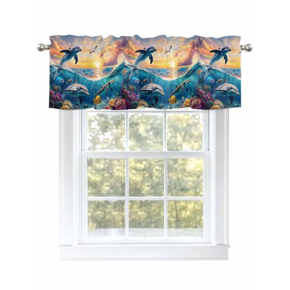 Dolphin Valances for Windows, Rod Pocket Kitchen Valance Curtains - Soft & Washable Small Window Treatment for Living Room, Bathroom, Ocean Sea Them, 54x18inch