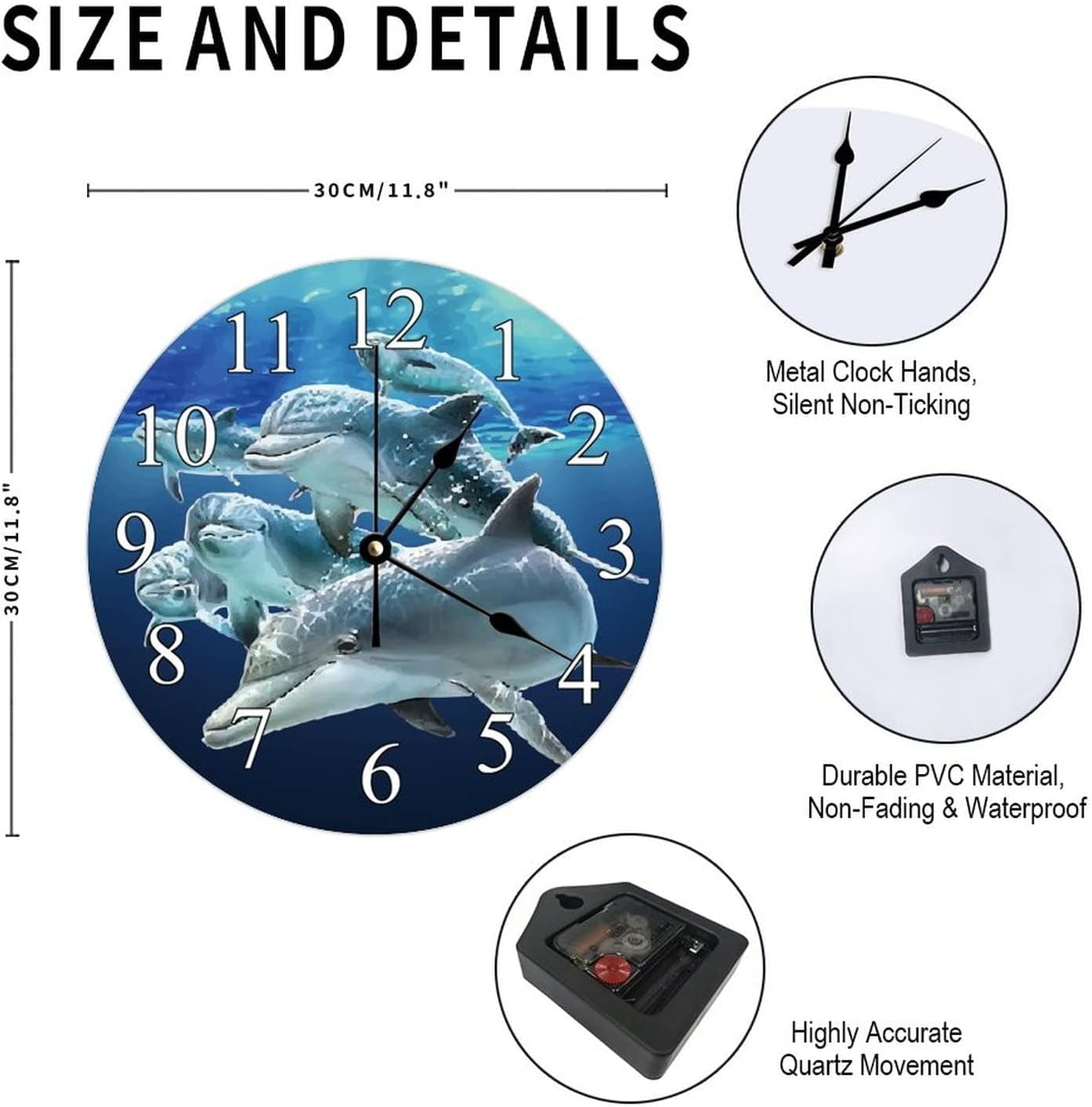 Dolphin Wall Clock 12X12 Inch Silent NonTicking Pvc Clock Battery