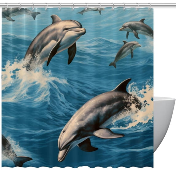 Dolphin Waterproof Printed Shower Curtain Set with Hooks for Bathroom Decoration
