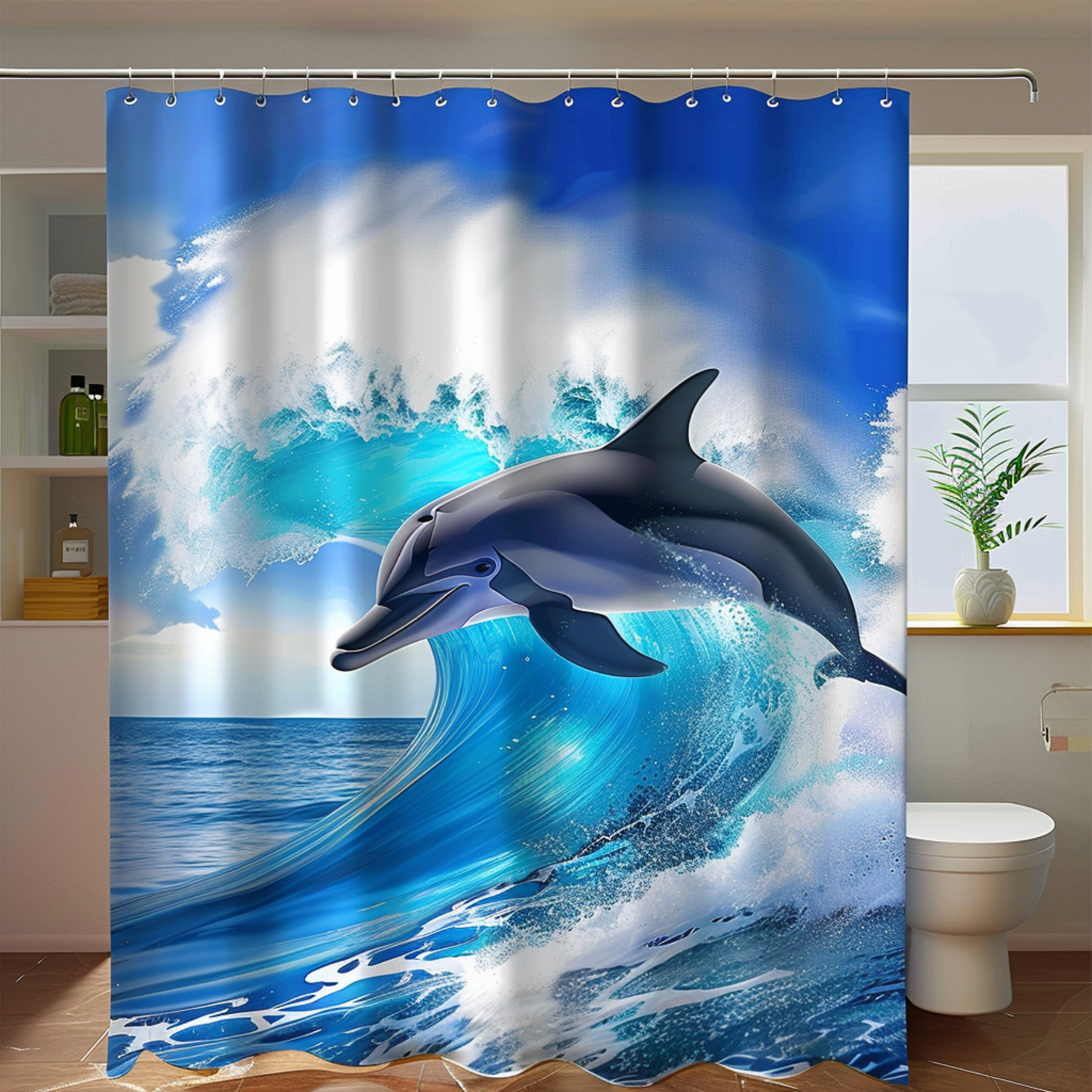 Dolphin Wave Design Shower Curtain Hyperrealistic ocean scene with dolphins surfing perfect for