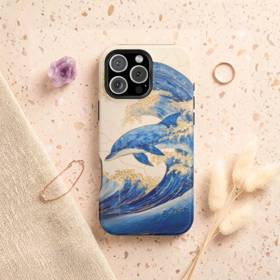Dolphin Wave Japanese Ocean Art Tough Phone Case, Dual-Layer Protective Cover for iPhone