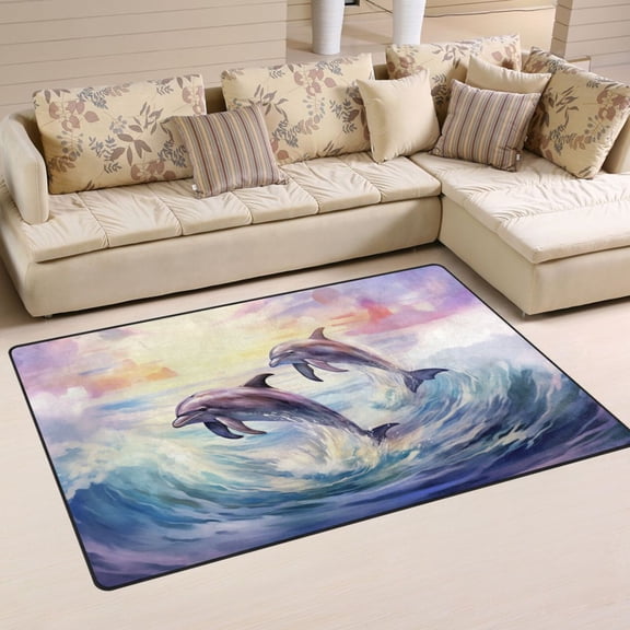Dolphin Waves Area Rug Washable Floor Carpet Mat 60 x 39 inch for Bedroom Living Room Kids Room Home Decor