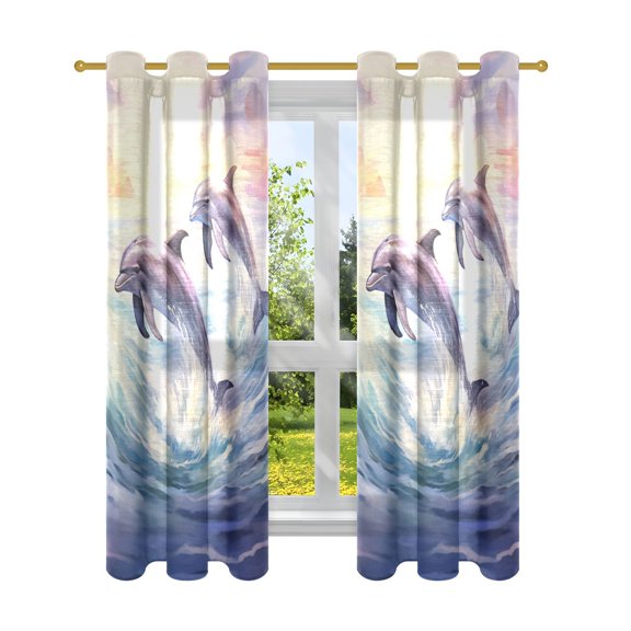 Dolphin Waves Blackout Curtains Patio Door Curtains Window Decoration for Bedroom Living Room 2 Panels