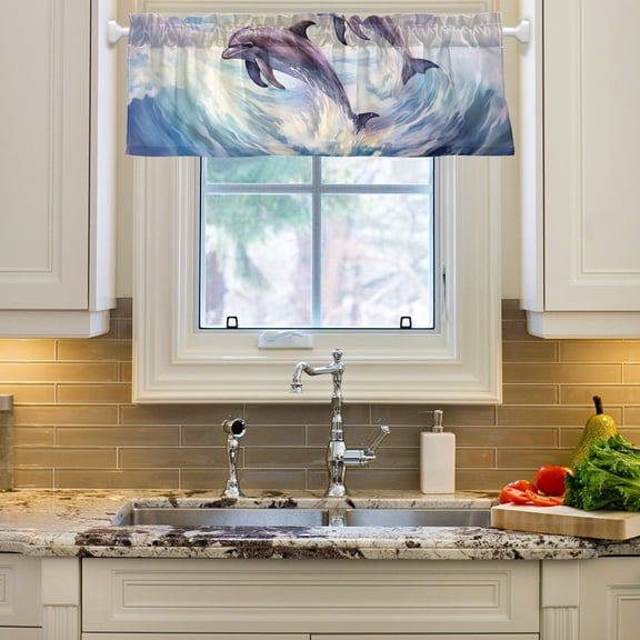 Dolphin Waves Curtain Valances Farmhouse Design Window Treatment Decor Blackout Rod Pocket for Windows Living Room Kitchen 54" x 18"