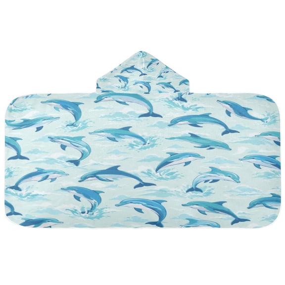 Dolphin Waves Kids Hooded Towel, Soft Absorbent Bath Towel Wrap for Toddler, Lightweight Hooded Cape for Bath Swimming