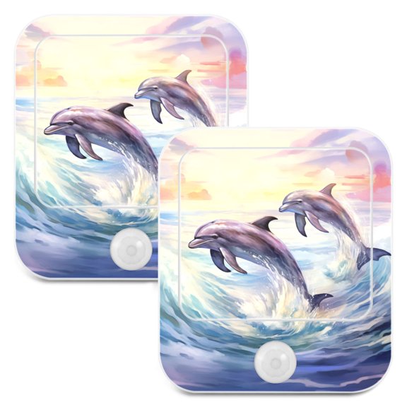 Dolphin Waves Night Lights Plug into Wall LED with Auto Light Sensor Warm Light for Kids Hallway Bedroom Living Room Kitchen Bathroom Set of 2