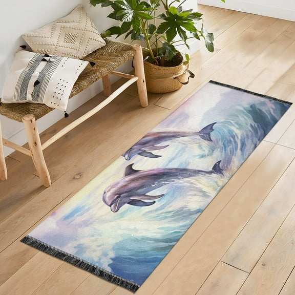 Dolphin Waves Runner Rug Machine Washable Area Rugs Carpet Non Slip Entryway Mat for Bedroom Entryway Front Door