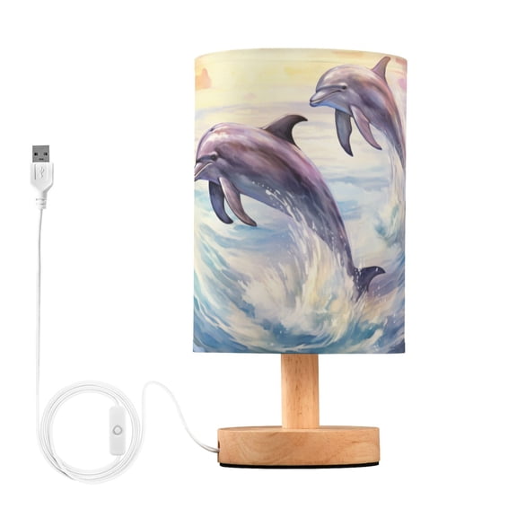Dolphin Waves Table Lamp USB Bedside Desk Nightstand Lamp Printed Gifts Small Lamp Wood Base for Bedroom Living Room Kids Room College Dorm