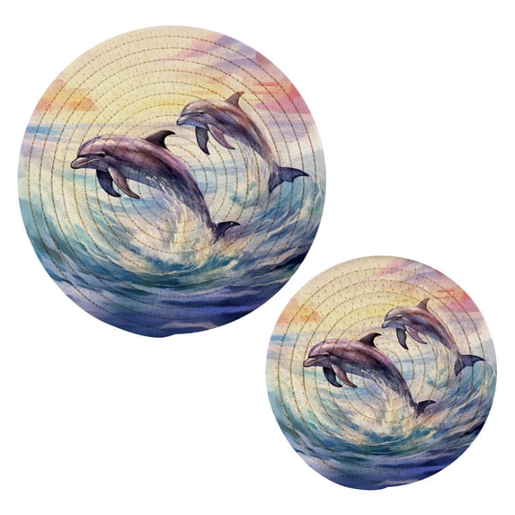 Dolphin Waves Trivet Mats Pot Holders Cotton Woven Non-Slip Heat Resistant for Hot Pots Pans Pats for Cooking Baking Set of 2