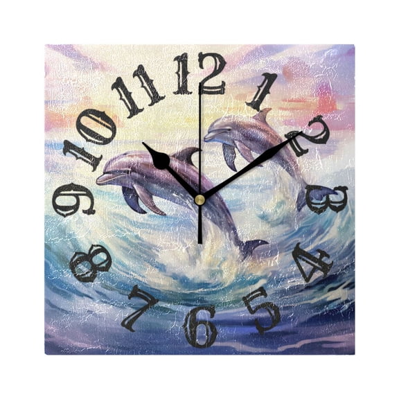 Dolphin Waves Wall Clock Square Silent Non Ticking Battery Operated Clock for Home Bathroom Kitchen Bedroom Living Room