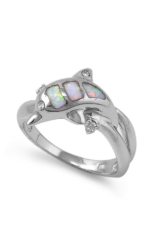 Dolphin White Simulated Opal Ring Sterling Silver Size 7