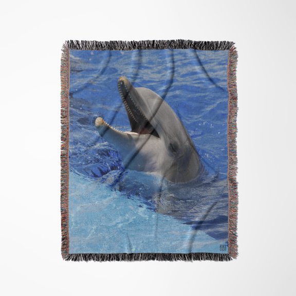 Dolphin With Its Mouth Open At Oceanographic Aquarium In Valencia, Spain, Woven Blanket