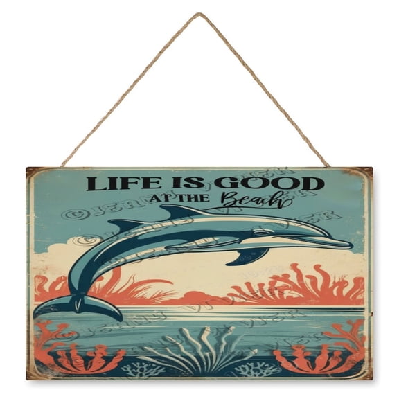 Dolphin Wooden Hanging Plaque 10"x16" Happy Summer Wood Sign Beach Themed Decor Dolphin Decor for for Summer Holiday Party Home Door Wall Window Decor