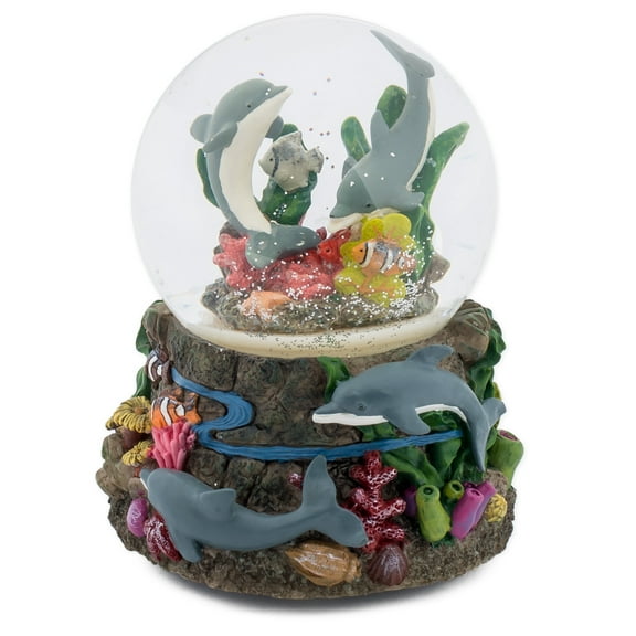 Dolphin World Coral Reef 100MM Music Water Globe Plays Tune Somewhere Out There