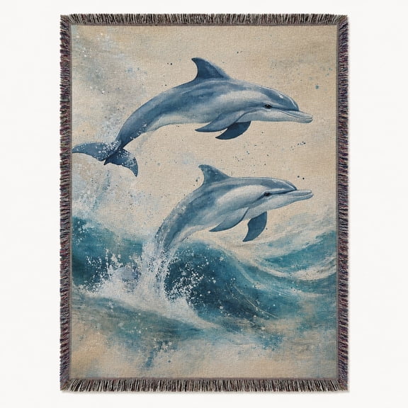 Dolphin Woven Cotton Throw Blanket Ocean Waves Sea Life Fringe Tapestry Coastal Beach House Decor Gift