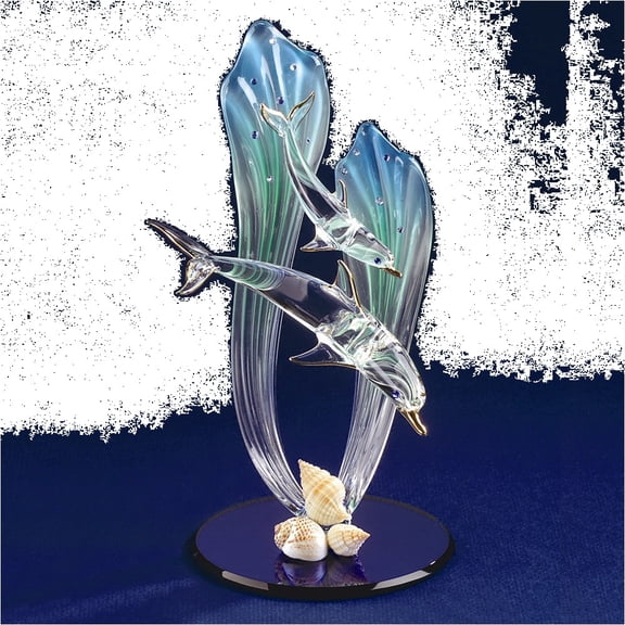 Dolphin and Baby Handcrafted Glass Figurine with Shells and 22k Gold Trim QGP1146