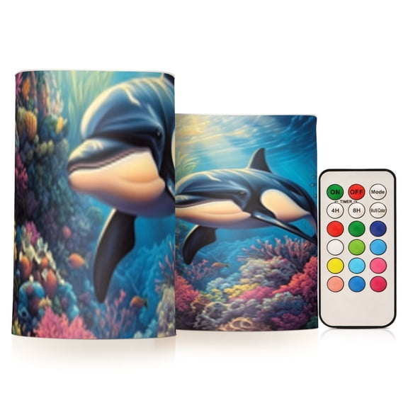 Dolphin and Corals Flickering Flameless Candles Battery Operated with Remote Timer LED Pillar Candles Set of 2
