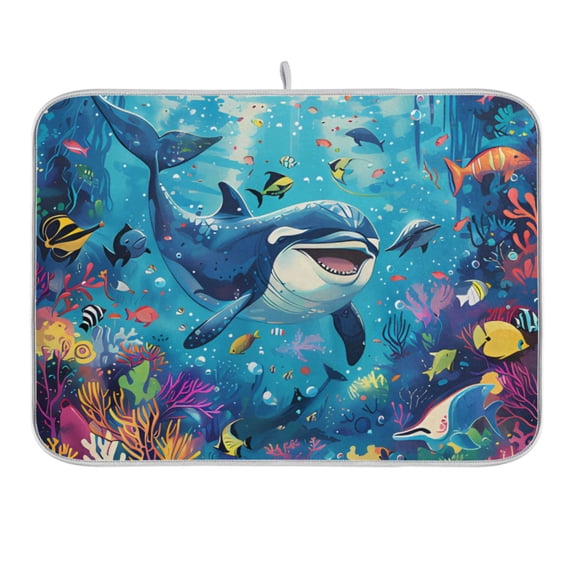 Dolphin and Fish Dish Drying Mat 16x18 Absorbent Microfiber Draining Rack Pad for Kitchen Counter Sink