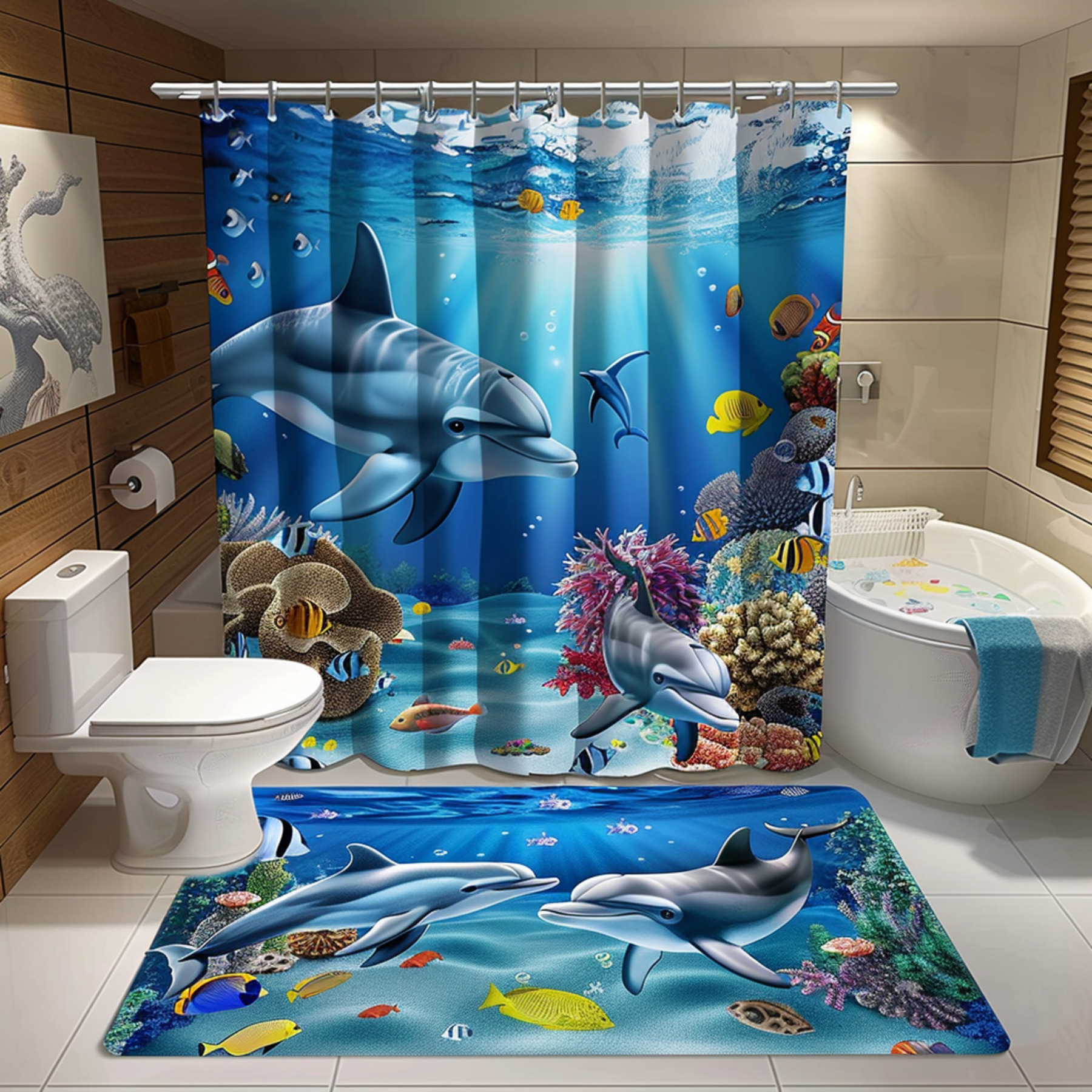 Dolphin and Fish Themed Bathroom Decor Set High Detail Hyper Realistic
