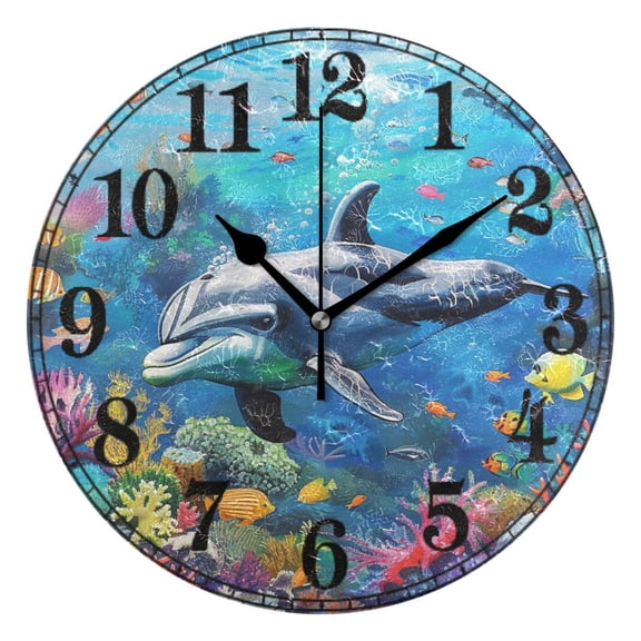 Dolphin and Fish under Sea Silent Wall Clock 10" Non-Ticking Battery Clock