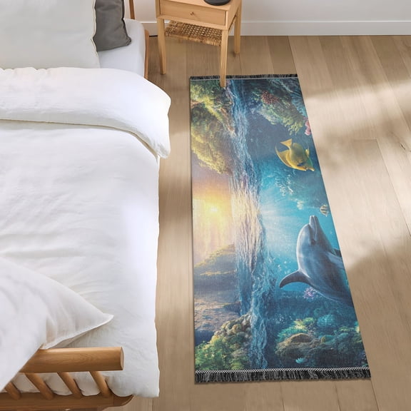 Dolphin and Ocean Bedroom Runner Rug 2'x 6' Non Slip Carpet Indoor Home Area Rug Living Room