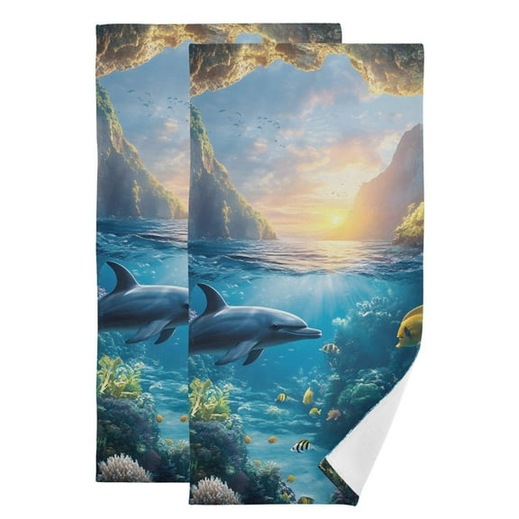 Dolphin and Ocean Hand Towel Absorbent Bath Towels for Bathroom Sports Gym(28.3" X 14.4") Set of 2