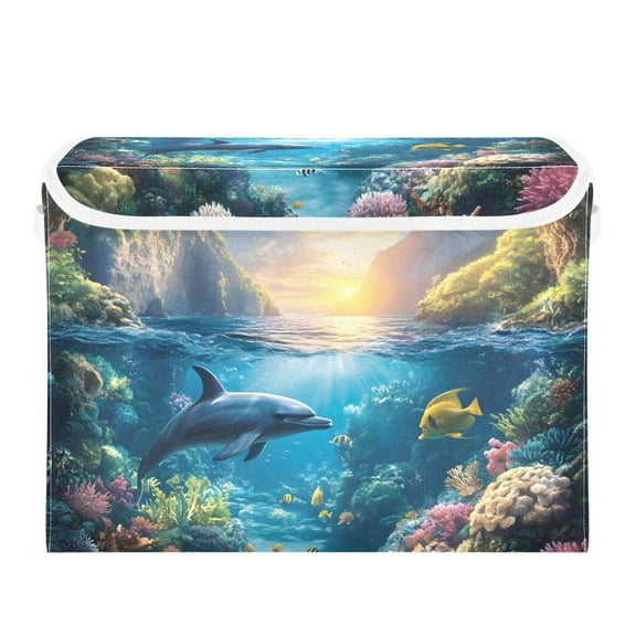 Dolphin and Ocean Large Storage Bins with Linen Collapsible Lid Storage Box 16.7 x 12.6 x 11.8in