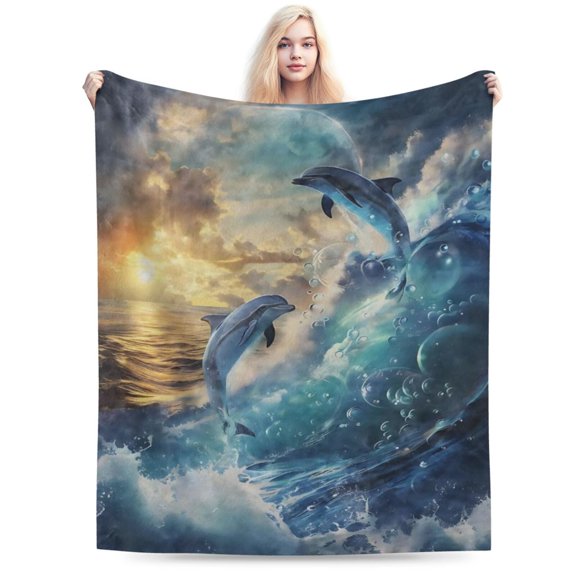 Dolphin and Ocean Sunset Blanket Lightweight for Men and Women 50x40