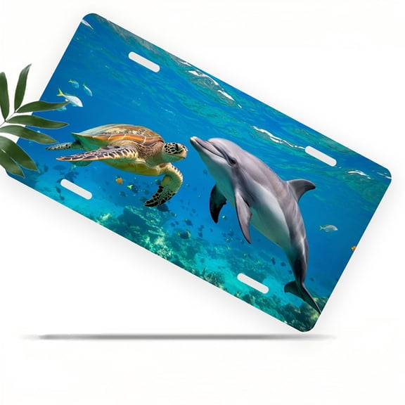 Dolphin and Sea Turtle Funny Personalized License Plate Rust-proof Stainless Steel Metal License Plate Suitable For Men And Women 12.2" x 6.2"