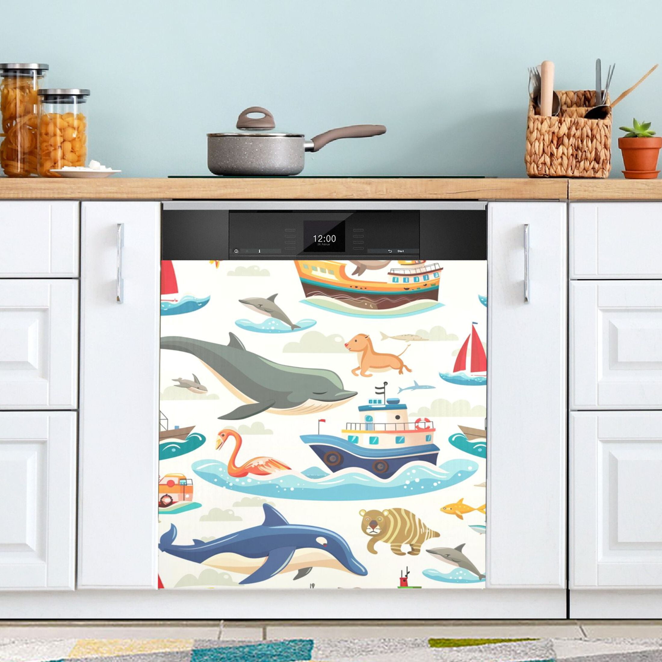 Dolphin and Ship on Ocean Dishwasher Cover Refrigerator