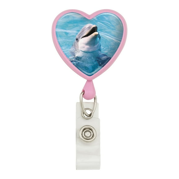 Dolphin in the Ocean Heart Lanyard Retractable Reel Badge ID Card Holder - Pink