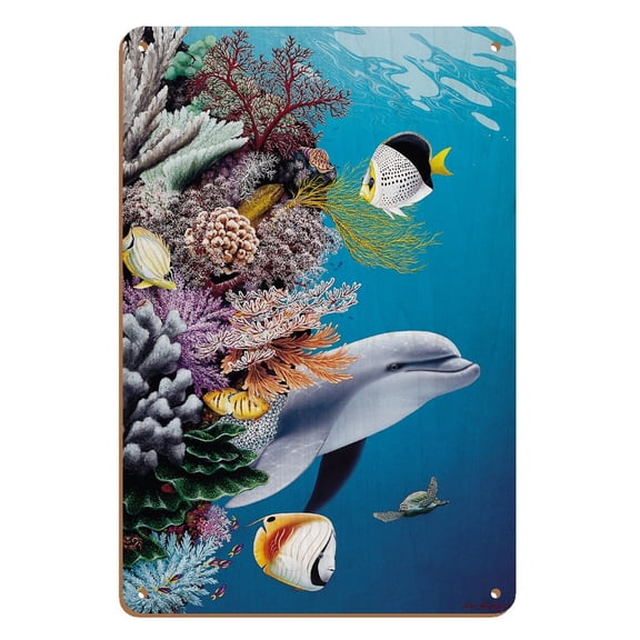 Dolphin’s Reef - Gray’s Hawaiian Spinner Dolphin (Naiʻa) - From an Original Color Painting by Mark MacKay - 8 x 12 inch Vintage Wood Art Sign