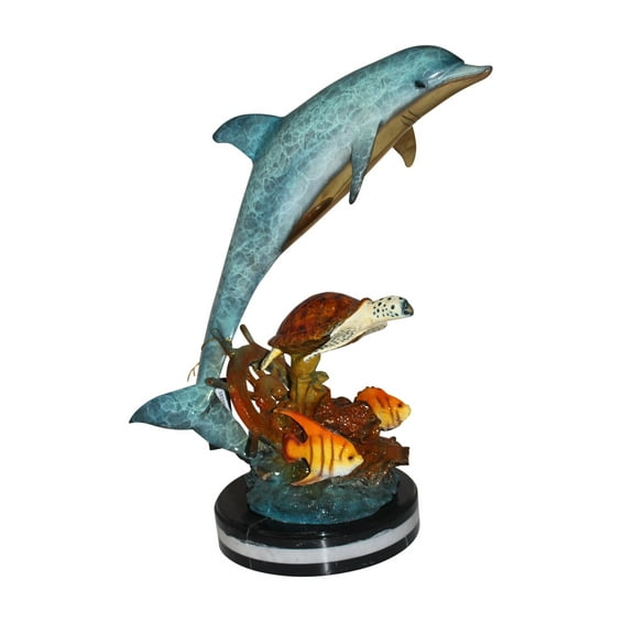 Dolphin turtle and 2 fish Bronze Statue - Size: 18"L x 16"W x 25"H.