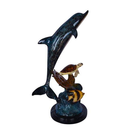 Nifao Dolphin with A Turtle, Anchor and Fish Bronze Statue, Home Decor Sculpture, 6"L x 10"W x 19"H