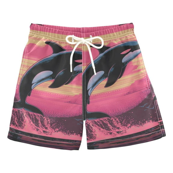 Dolphin with Sunset Vintage Boys Swim Trunks Quick Dry Boy Swim Shorts for 3-14 Years