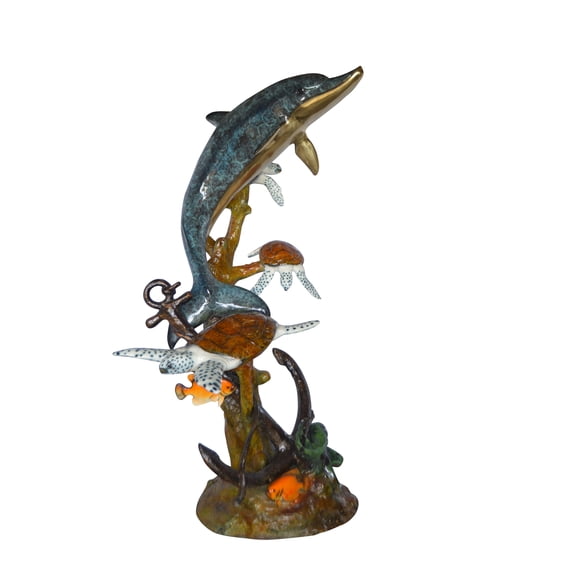 Dolphin with Three Turtles Fountain Bronze Statue - Size: 43"L x 47"W x 74"H.
