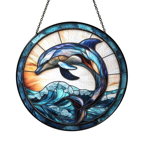 Dolphin with Waves Stained Glass Circular Window Panel Decorative Glass Art for Home Display