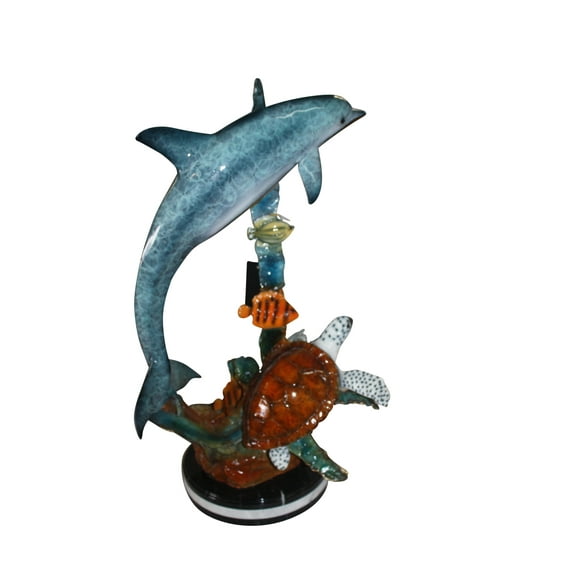 Dolphin with two fish and one turtle Statue - Size: 22"L x 12"W x 32"H.