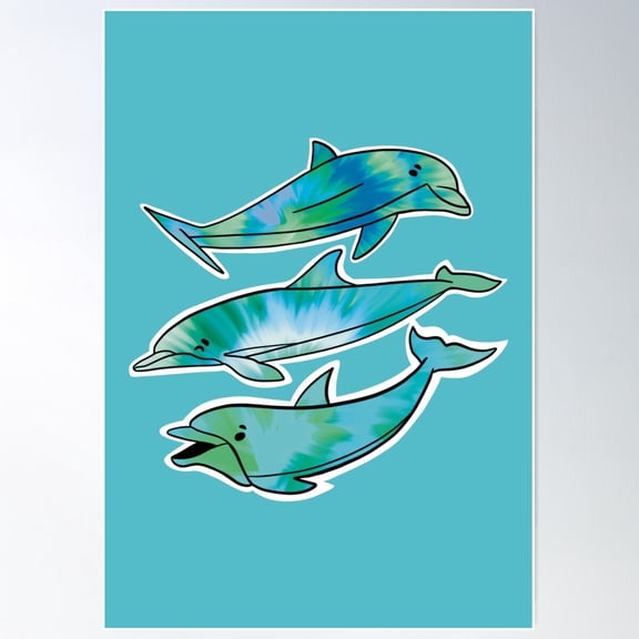 Dolphins #3 - Cute Blue And Green Tie Dye Cartoon Animal Pattern Poster Wall Art, Modern Wall Decor For Living Room Bedroom, 16x24 UNFRAMED