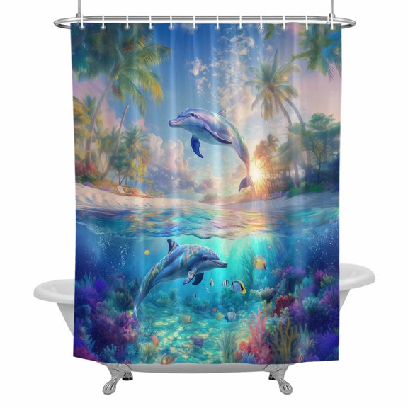 Dolphins Bathroom Shower Curtain, Ocean World Summer Tropical Coconut Trees Waterproof Washable Soft Bath Curtain for Bathtub Decor with 12 Hooks&Grommet, 36x78 Inch