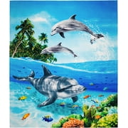 Dolphins Beach Blanket 54 X 68 Inch Beach Towel Coral With Clown Fish 100% Cotton Family Size (Paradise Dolphins, One Towel)