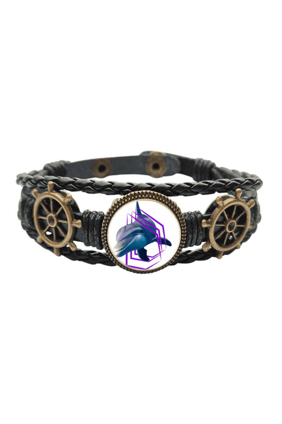 Dolphins Break Through Circles Leather Braided Ocean Bracelet Wristband