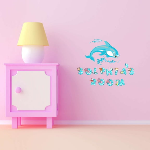 Dolphins Bubble Letters Personalized Name Beach Ocean Animals Starfish Octopus Fish Ocean Shark Sea Great White Whale Bass Boat Dolphin Whale Wall Decal Sticker - Size: 40 In X 32 In