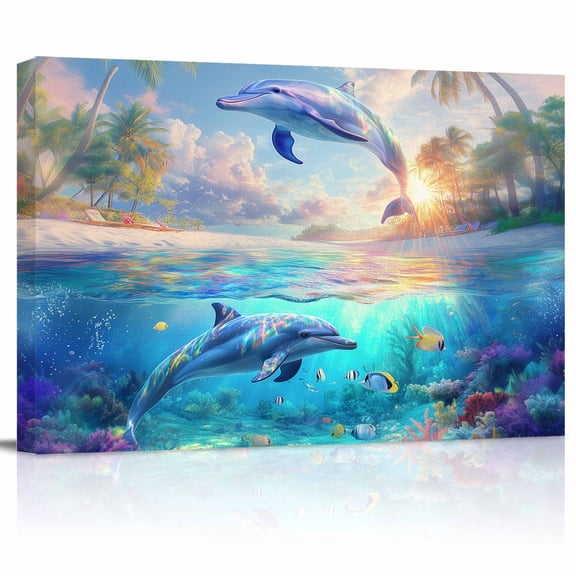 Dolphins Canvas Print Wall Art Ocean World Summer Tropical Coconut Trees Pictures Painting Morden Artwork for Living Room Bedroom, Ready to Hang - 12"x16"