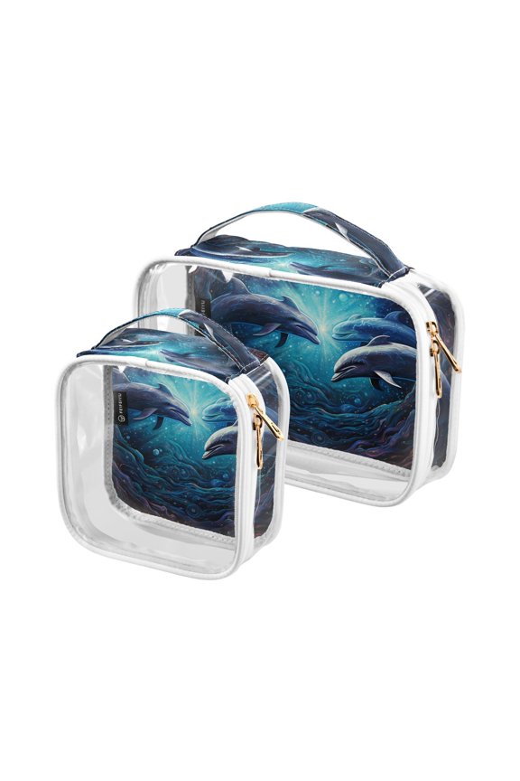 Dolphins Cave Sea Clear Cosmetic Bags with Handles PVC Toiletry Bags Zipper Waterproof Portable for Traveling 2 Pcs